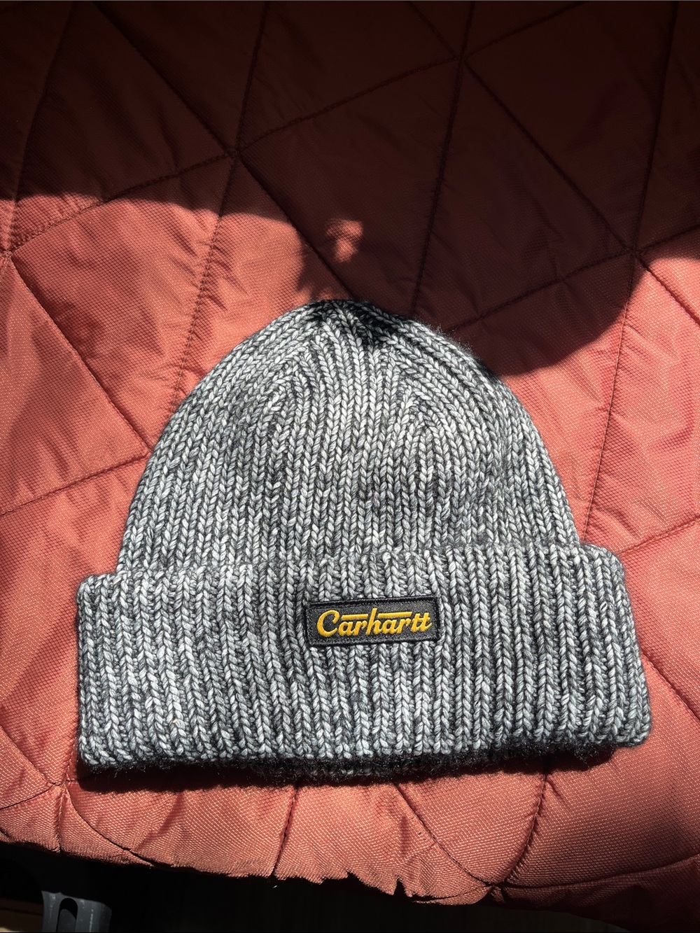 Carhartt Gray Ribbed Knit Cuffed Beanie with Yellow Logo Patch